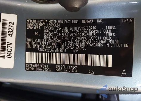 2007 Toyota Sienna Xle из США, поврежденный, VIN 5TDZK22C67S078519